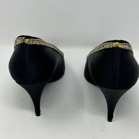 Rene Caovilla Wilkes Bashford Italy  Pump Heels Black Gold Satin Crystal Size 8 - Picture 6 of 14